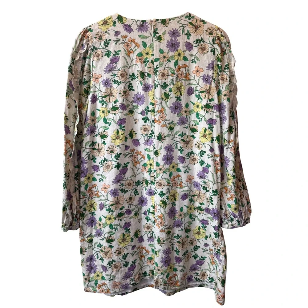 LOFT Floral Linen Puff Ruffle‎ Sleeve Shift Dress Size 14 Feminine Romantic